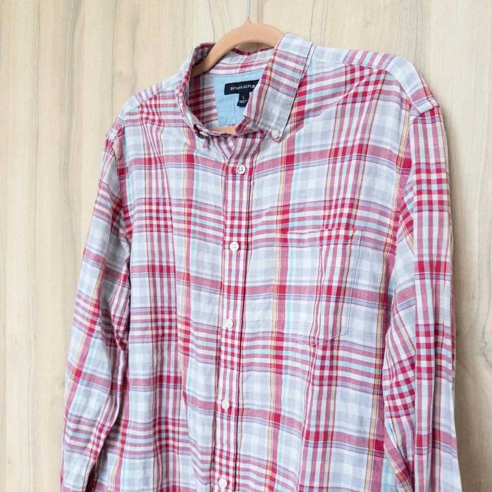 Banana Republic Mens Linen Plaid Button Down Shirt Large Red Long Sleeve Preppy